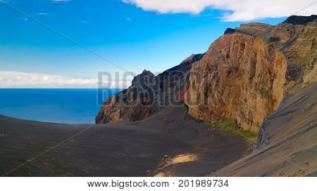 Landscape to Capelinhos volcano caldera at Faial Azores Portugal