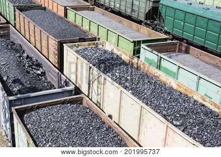 rail cars loaded with coal, a train transports coal.