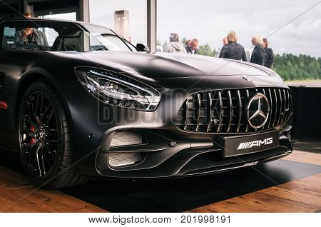 Minsk Belarus - August 26 2017: front side of Mercedes Benz AMG GT 50 Edition sports car. A new 2017 supercar designed to celebrate the 50th anniversary of the AMG company