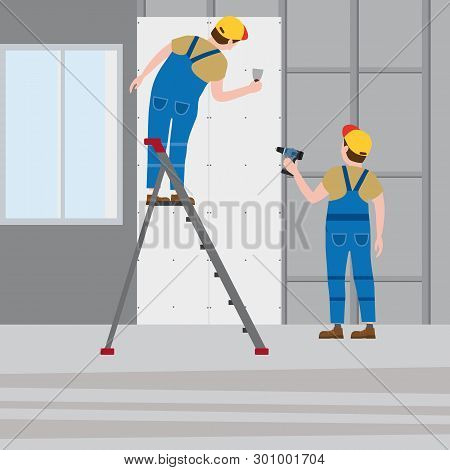 Workers Put Plaster On A Stepladder, Installing Gypsum Plasterboard Panels In The Interior. Vector I