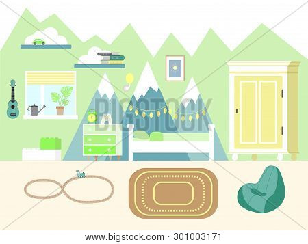 Kids room vector illustration in flat style with wardrobe, books, ukulele guitar, bed, chest of drawers and toys. Children s room in green and yellow with mountains on the wall