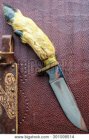 Close Up Of Custom Made Knife. Hunting Knife With Leather Case.