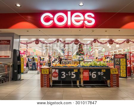 Melbourne, Australia - December 9, 2018: Coles Is A Large Australian Supermarket Chain. This Store I