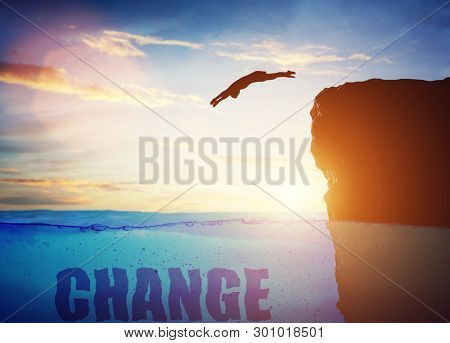 Man diving into water from high cliff. Concept of, changes, taking a risk, jumping to the unknown. 3d illustration