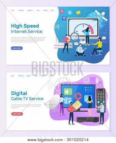 Digital Cable Tv Service Vector, People With Screen Of Television And Remote Controller, High Speed 