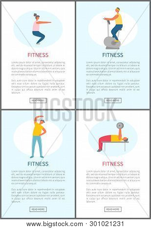 Sport And Physical Activity, Fitness Trainings Vector. Squats And Exercise Bike, Bending Over And We