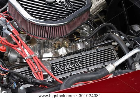 Vilnius, Lithuania - May 10: Vintage Sports Car Chevrolet Corvette C2 Engine On May 10, 2019 In Viln