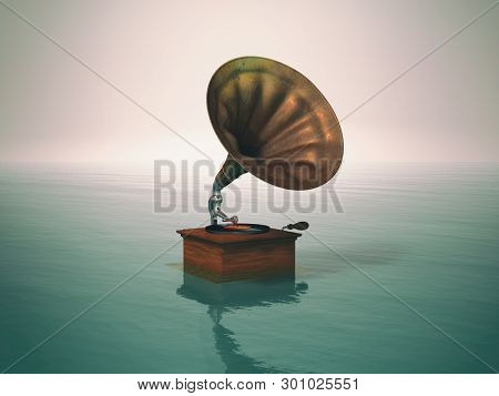 Antique Phonograph Music Player In The Water
