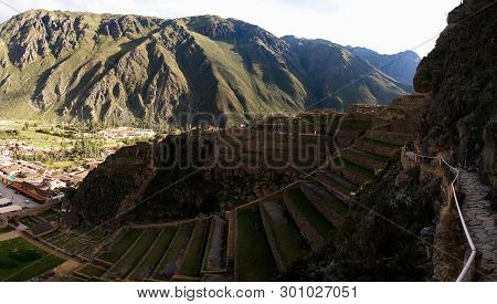 Terraces Of Pumatallis In Ollantaytambo Archaeological Site At Cuzco Province, Peru