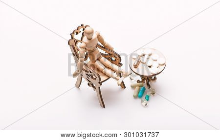 Take Medicines After Food. Medication Regimen. Health Care And Medical Treatment. Pills On Tiny Wood