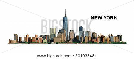 New York Skyline, Vector Colorful Illustration. High Detailed Creative Drawing. Watercolor Flat Styl