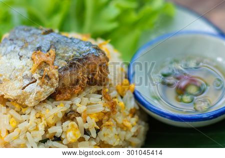 Rice With Fried Mackerel Boil Egg Shrimp Paste Chili Sauce And Vetgetable Original Thai Food