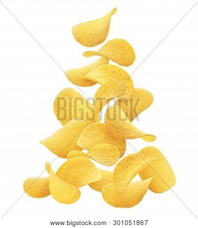 Falling Potato Chips Isolated On White Background
