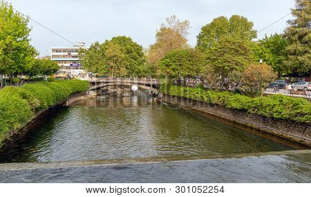 Trikala, Greece - April 26: Litheos River And Central Bridge On April 26, 2019 In Trikala, Greece. T