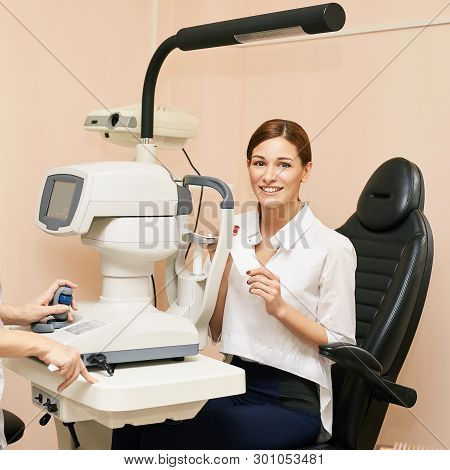 Eye Ophthalmologist Exam. Eyesight Recovery. Astigmatism Check Concept. Ophthalmology Diagmostic Dev