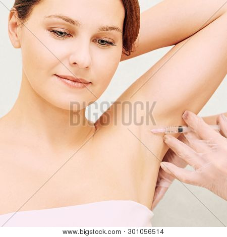 Armpit Cosmetology Injection. Sweat Treatment In Cosmetic Clinic. Woman Skin Care Procedure. Doctor