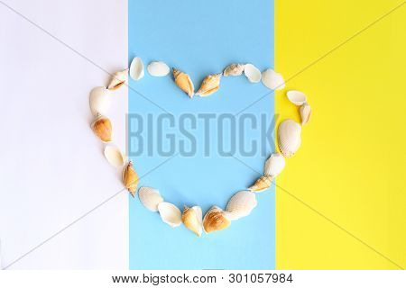 Seashell Heart On The Canary Islands Tricolor Flag Bacground For Celebrate Dia De Canarias  Or  Cana