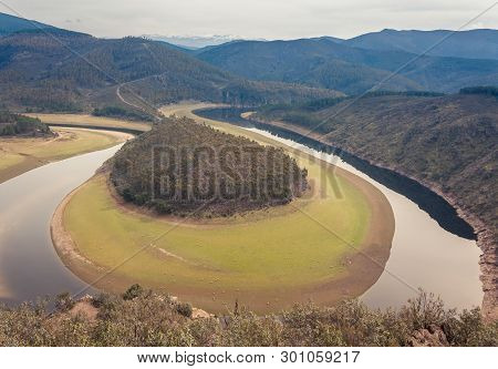 Caceres, Extremadura, Spain - February 16, 2013: Panoramic View Of Melero Melero With A Herd Grazing