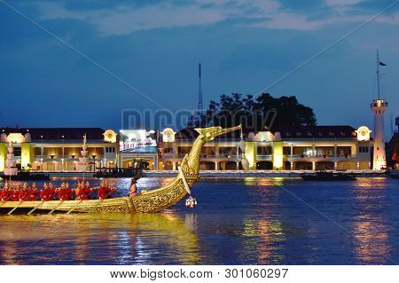 Bangkok Thailand May 6 ,2019 : Royal Barge Suphannahong Wooden Boat Floating On Pier In Coronation O