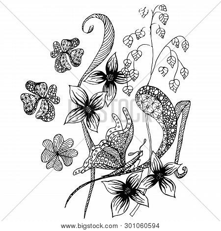 Flower Butterfly Zenart Antistress Page Monochrome Graphic Sketch. Design Element Stock Vector Illus