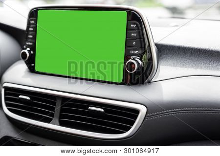 Vehicle Modern Green Screen Navigation System Close Up Car Mock-up Banner - Multimedia System With A