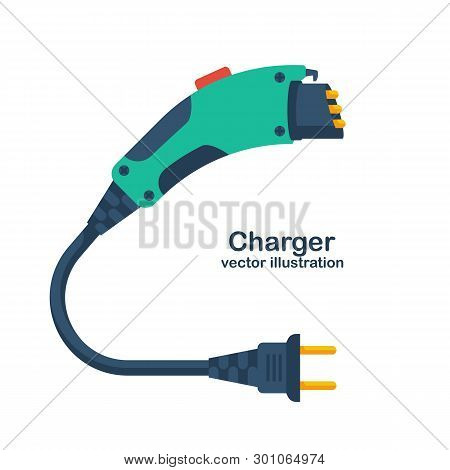 Electric Car Charger Isolated On White Background. Eco Fuel. Vector Illustration Flat Design. Electr