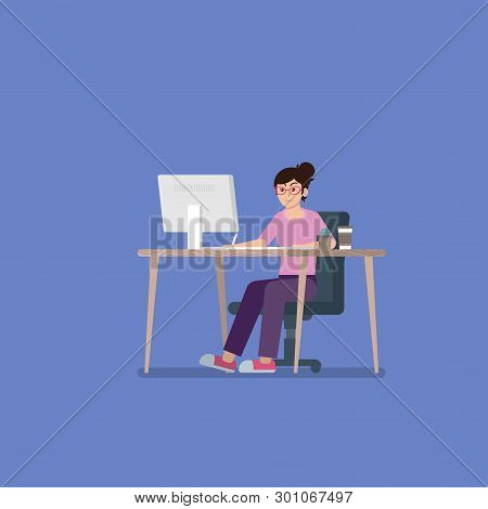 Young Woman With Glasses In Casual Clothes Working On Desktop Computer At Desk With Pen Tablet, Coff