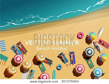 Beach Lifestyle Holiday Background. People Friends And Couples Relaxing On A Beach. Top Aerial View.