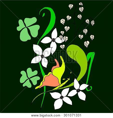 Flower Orange Butterfly Seamless Pattern Green Plant On Black. Design Element Stock Vector Illustrat