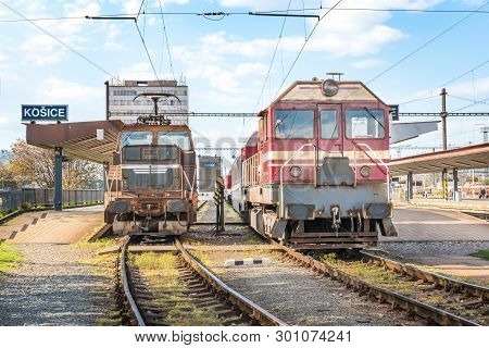 Kosice, Slovakia – May 1 2019: Two Old Locomotives Parked At Main Railway Station In Kosice (slovaki