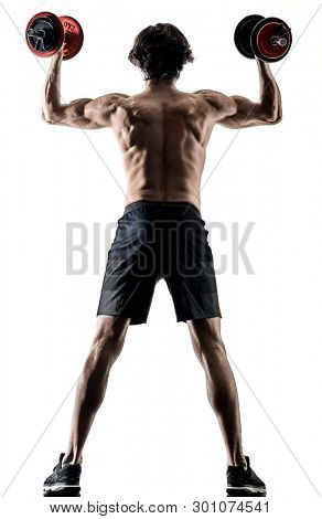 one caucasian man fitness weitghs training exercises  studio in silhouette isolated on white background