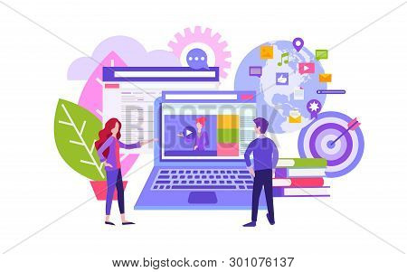 Flat Vector Illustration Online Education Concept. Training Young People To Gain Knowledge From Soci