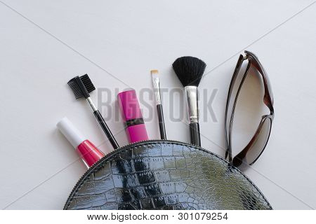 Professional Make-up Cosmetic Brushes On A White Background. The Concept Of Beauty And Fashion. Top 