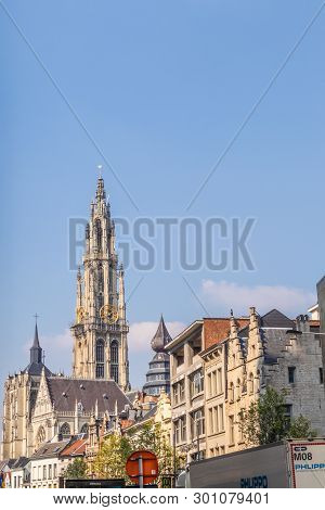 Antwerp, Belgium - April 7, 2019: The Cathedral Of Our Lady (dutch: Onze-lieve-vrouwekathedraal) In 