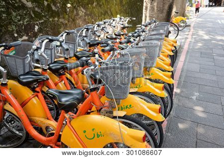 Taipei, Taiwan - May 12th, 2019:row of bicycles called Ubike, a bike sharing system service used by citizens as short-distance transit vehicles in Taipei, Taiwan, Asia