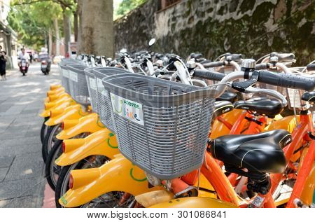 Taipei, Taiwan - May 12th, 2019:row of bicycles called Ubike, a bike sharing system service used by citizens as short-distance transit vehicles in Taipei, Taiwan, Asia