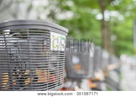Taipei, Taiwan - May 12th, 2019:row of bicycles called Ubike, a bike sharing system service used by citizens as short-distance transit vehicles in Taipei, Taiwan, Asia
