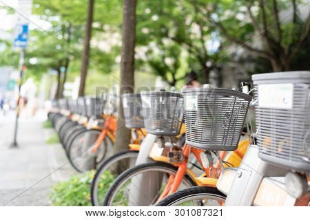 Taipei, Taiwan - May 12th, 2019:row of bicycles called Ubike, a bike sharing system service used by citizens as short-distance transit vehicles in Taipei, Taiwan, Asia