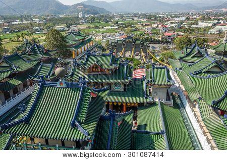 Nantou, Puli, Taiwan - FEB 8th, 2019: roofs of famous Baohu Dimu Temple in the daytime