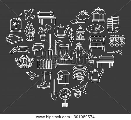 Garden Icon Tool Set In Thin Line Style In Heart Templet On Black Background