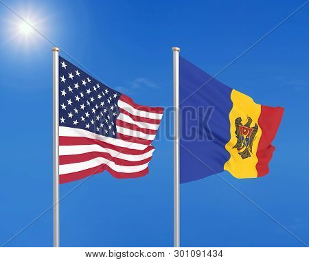 United States Of America Vs Moldavia. Thick Colored Silky Flags Of America And Moldavia. 3d Illustra