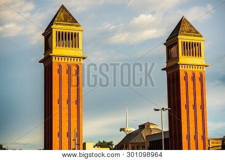 View Of The Plaza De Espana Venetian Towers. Catalonia, Spain. Spanish Sqare - Plaza De Espana.