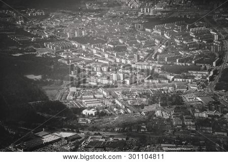 Aerial View Of Urban Area. Mustamae, Tallinn, Estonia. Black And White.