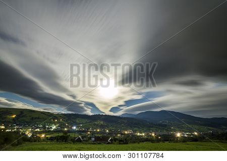 Summer Night Mountain Panorama. Green Grassy Mountain Clearing, Spruce Trees On Blue Evening Sky Cop