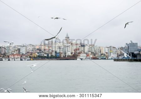 Amazing View Of Galata Tower Landmark In Istanbul, The Capital Of Turkey. Post Card View. Istandul, 
