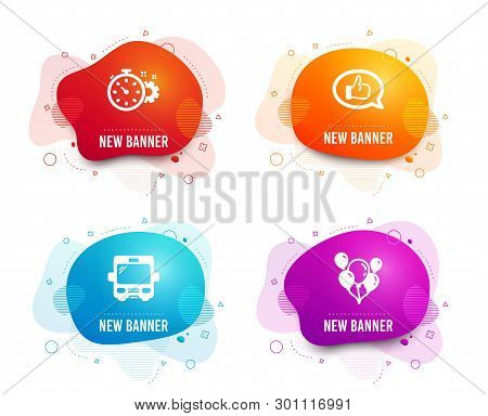Liquid Badges. Set Of Feedback, Bus And Cogwheel Timer Icons. Balloons Sign. Speech Bubble, Tourism 