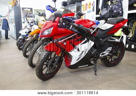 Syktyvkar, Komi/ Russia,march 29, 2019/motorcycles Group Parking In Narket During Adventure Journey.
