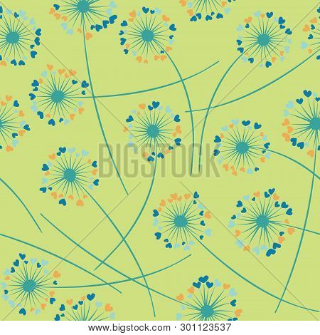 Cute Dandelion Blowing Vector Floral Seamless Pattern. Cute Flowers With Heart Shaped Fluff Flying. 