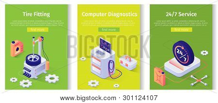 Advertisement Media Set For Autoservice. Tire Fitting, Computer Diagnostics Round-the-clock Servicin