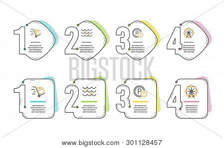 Push Cart, Waves And Parking Time Icons Simple Set. Ferris Wheel Sign. Express Delivery, Water Wave,